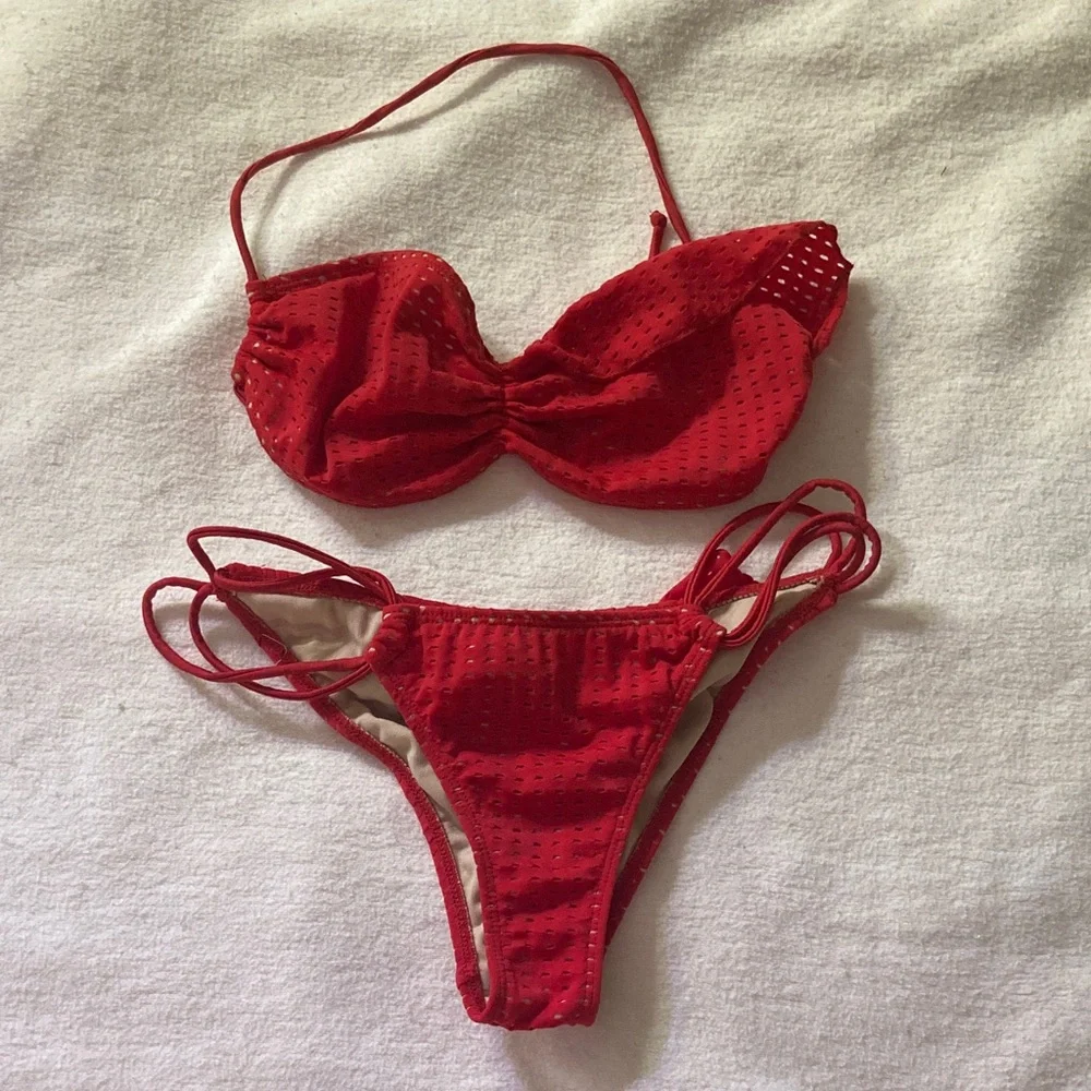 Tyler Rose Perforated Red Ruffle Bikini Set - Picture 8 of 10